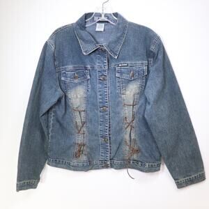 Vtg Y2K BB Jeans Denim Trucker Jacket XL Blue Leather Laceup Pockets Stretch